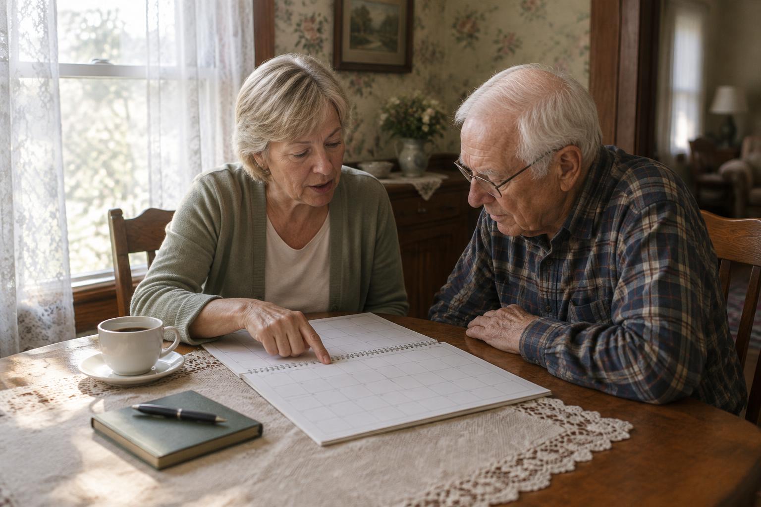 A retired caregiver sitting at a dining table with an older man, pointing at a day on a paper calendar beside a coffee cup