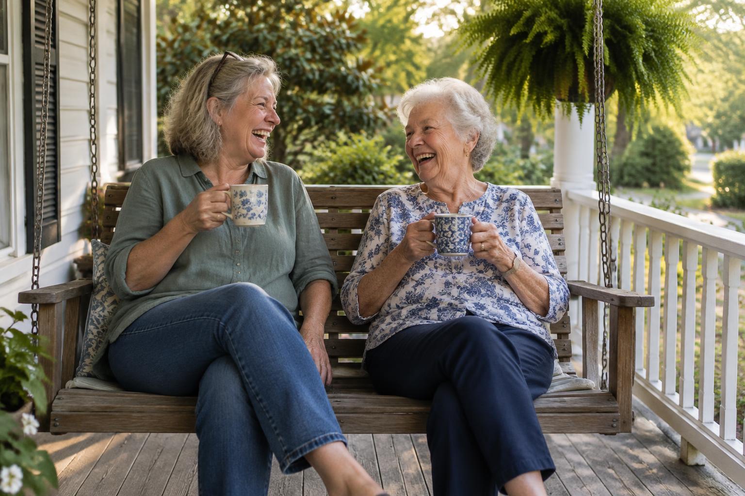 Two retired women laughing together on a front porch swing, holding coffee mugs