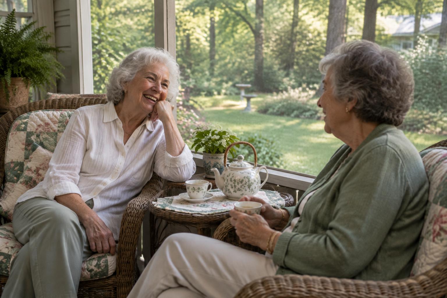 Two older women talking over tea on a screened porch