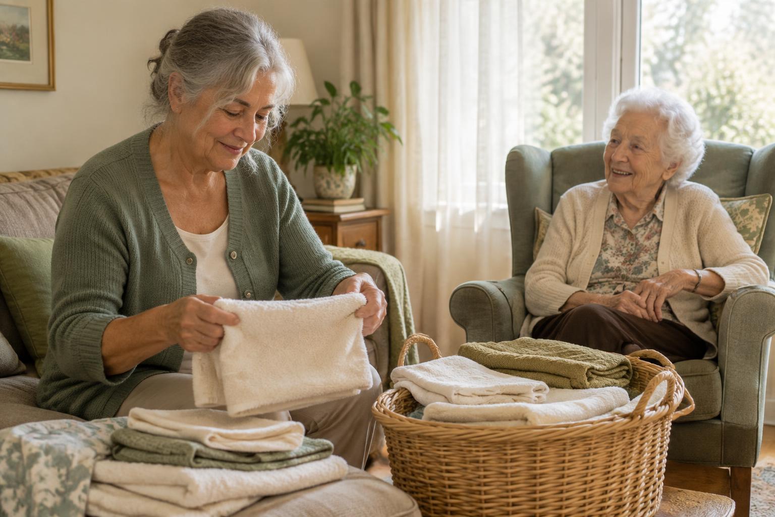 A caregiver folding laundry in a sunlit living room while an older woman sits nearby